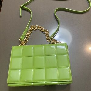 Neon Green Chain Accent Woven Effect Vinyl Shoulder Bag Crossbody.